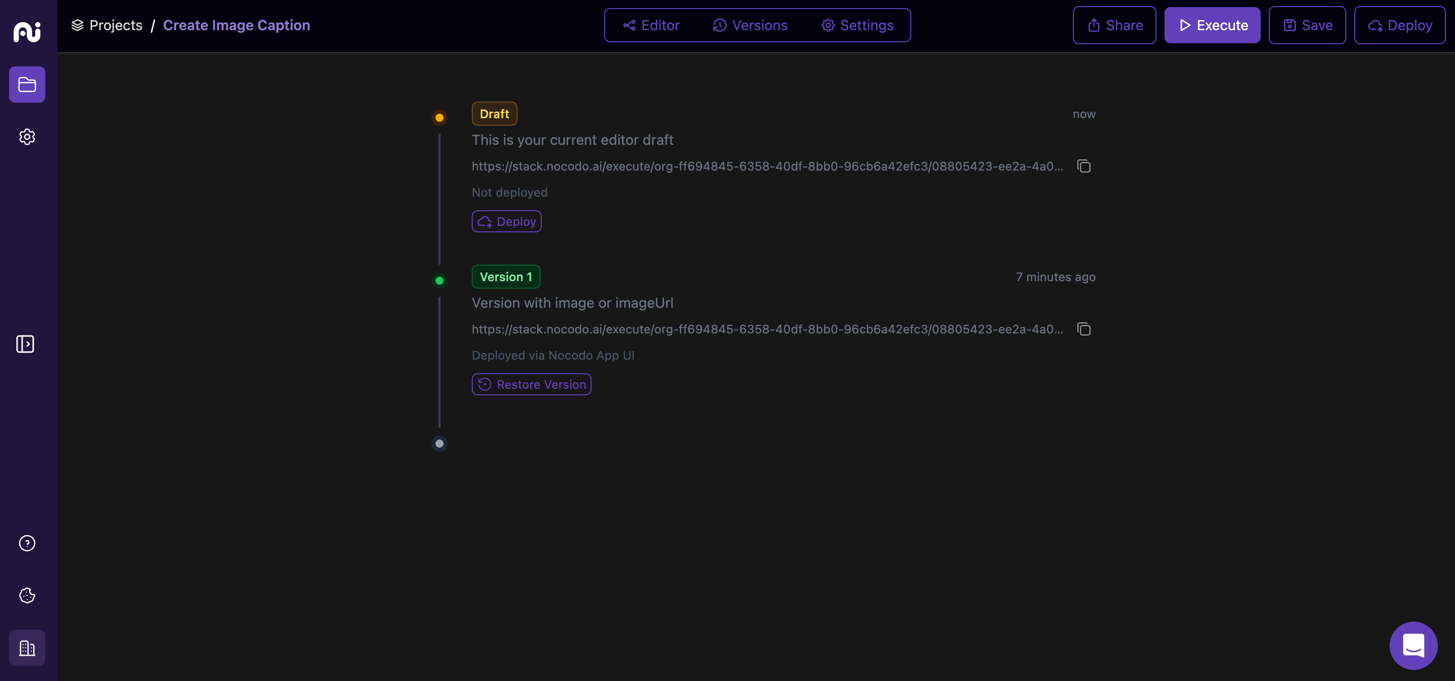 Dark interface showing a version control timeline. The most recent entry labeled 'Draft' is highlighted in yellow and marked 'Not deployed'. Below, 'Version 1' is highlighted in green, marked 'Deployed via Nocodo App UI'. Both entries have unique URLs and options for actions like 'Deploy' and 'Restore Version'.